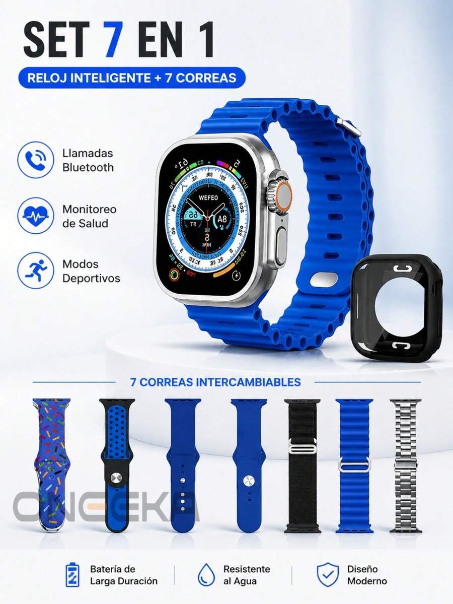 ONEEKA Set de 7 relojes inteligentes: esfera cuadrada, caja de acero inoxidable con correa de piel sintética, disponible en negro, azul y naranja. Perfecto como regalo de cumpleaños, Eid, Navidad o San Valentín para amigos y familiares | Deportes al aire libre | Vuelta al cole - Azul - Ver 1