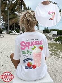 [Double-Sided Print] New Spring And Summer Women's Top, Cute Style, With Milk Cup And Berry Juice Print, Ideal For Casual Daily Wear, Loose-Fit - White - View 1