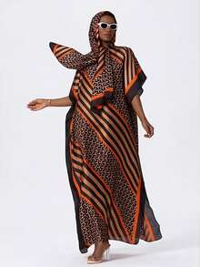 FADZOYLE 1pc Geometric Pattern Printed Robe Set Women Vacation Beach Sunshade Casual Versatile Pullover Shawl With Satin Scarf Set Vacation Accessories Daily - Multicolor - View 9