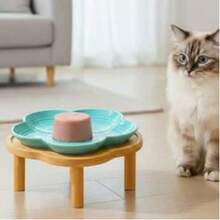 Flower Ceramic Feeding Cat Plate With Raised Bamboo Stand - 150ml - View 6