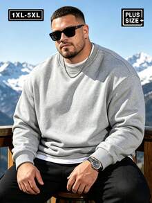 Plus Size Men's Autumn/Winter Minimalist Crew Neck Sweatshirt | All-Match Versatile Casual Top | Streetwear Layering Essential Sports - Light Grey - View 2
