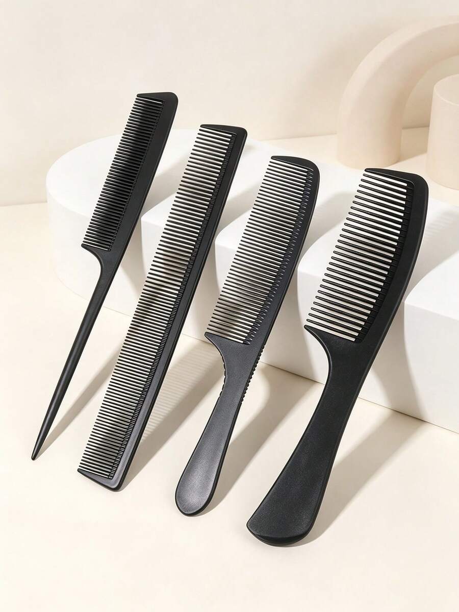4Pcs Professional Carbon Hair Comb Set, Anti Static Rat Tail Parting Comb Fine Tooth Barber Cutting Combs, Heat Resistant Smooth Teasing Styling Combs For Salon Haircut Braiding Ponytail Natural Hair Women Hairdressing Accessories - Black - View 1