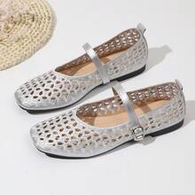 Modische elegante Mary-Jane-Flache mit Cut-outs im französischen Stil, atmungsaktiv, bequem, Lehrerinnen-Schuhe, Frühling/Sommer, neuer Stil, Schnalle, Stickerei, weiche Sohle, weiches Obermaterial, Tanzschuhe, Outdoor, Party, Pendeln, Damenschuhe, eckige Zehenpartie, Große Größen - Silber - Übersicht 9