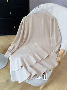 Autumn New Elegant Satin Blouse & Cake Skirt 2 Pieces Set, High-End Women's Outfit - Apricot - View 9