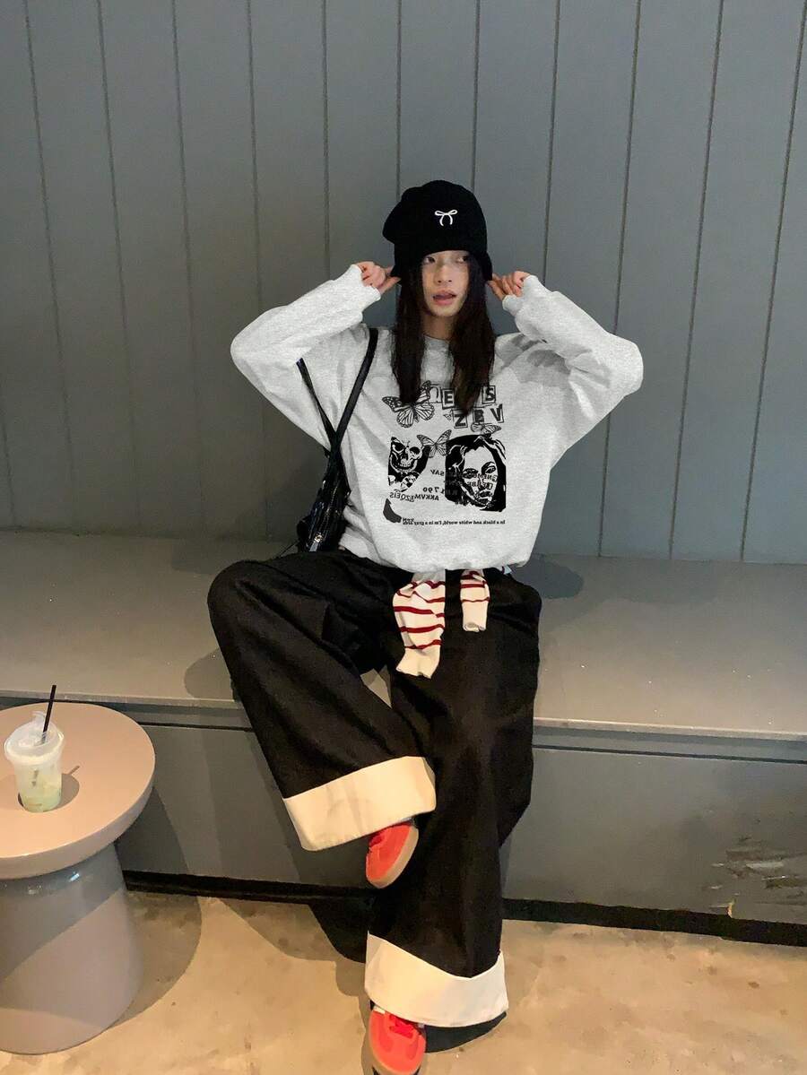 American Vintage Portrait Letter Print Lazy Crew Neck Sweatshirt For Women, Autumn/Winter Casual Versatile Unique Top - Gray - View 1