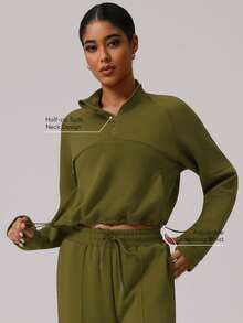 Sodalemon Women Half Zipper Solid Color Sweatshirt Pockets Drawstring Waist Casual Outdoor Workout Activewear Thumb Hole Running Sport Top - Olive Green - View 2
