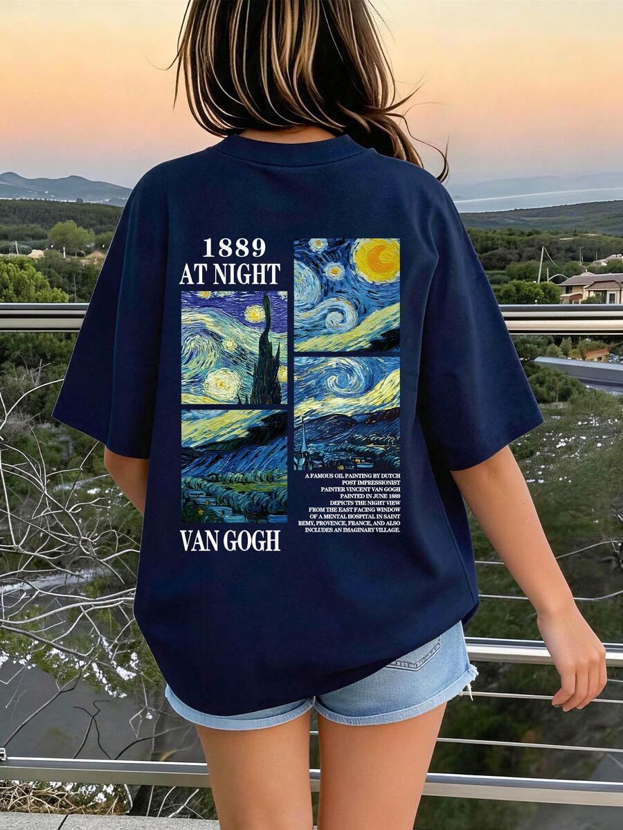 Vintage Art Print Pattern Loose Minimalist T-Shirt, Suitable For Summer Wear, Teen Girl Style - Navy Blue - View 1