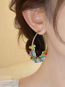 1 Pair Sweet Elegant Colorful Wrapped Beaded Hoop Earrings Suitable For Vacation And Party Wear - Colorful - View 3