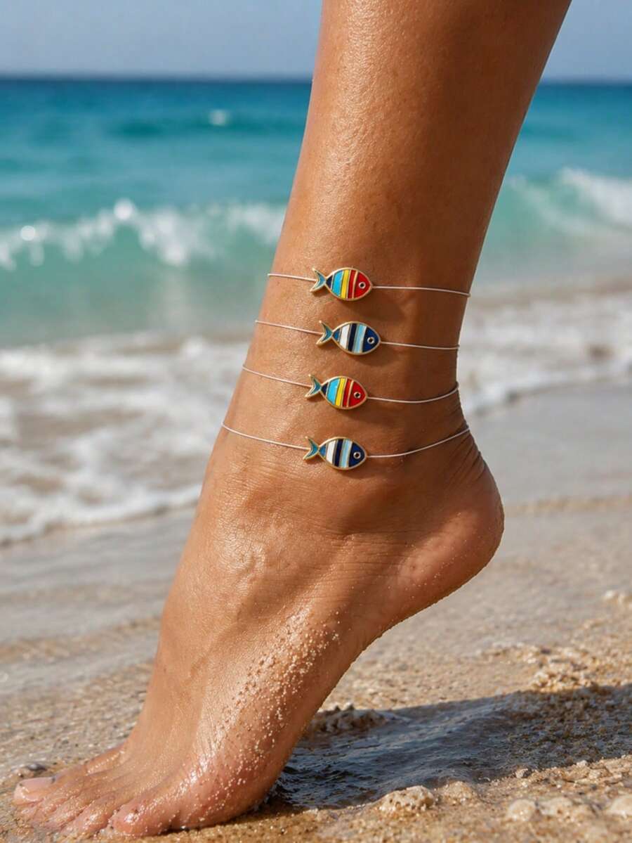 4pcs Minimalist Casual Fun Colorful Fish Transparent Fishing Line Anklets For Women, Daily Beach Vacation Matching - Multicolor - View 1
