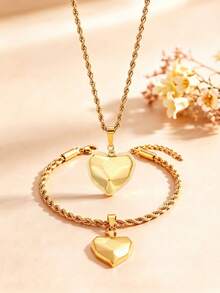 2pcs Korean Style Gentle Gold-Plated Twisted Pendant Necklace & Bracelet Set, Stainless Steel Women's Daily Matching Jewelry, Exquisite Holiday Accessories - Gold - View 8