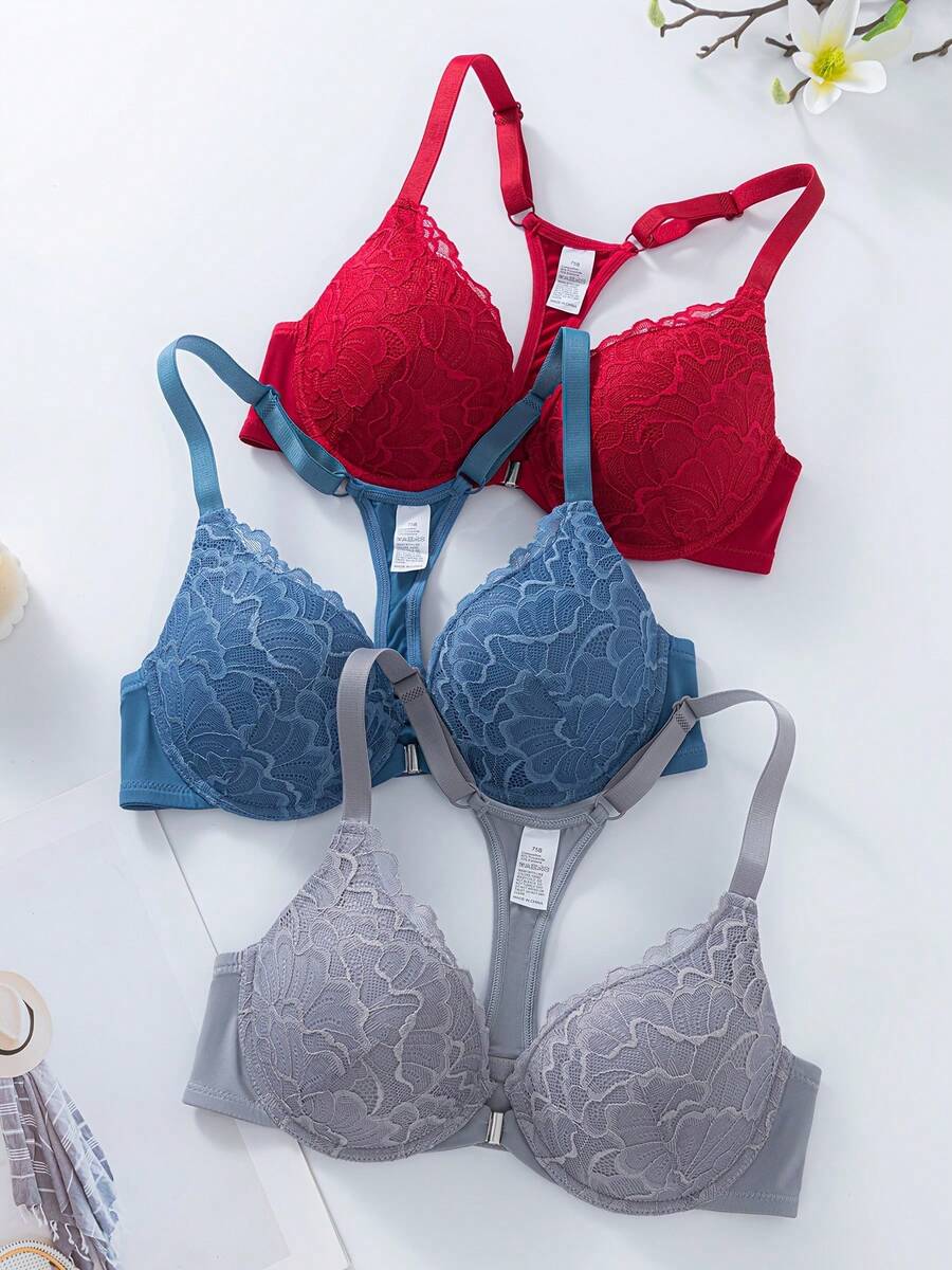 Bộ 3 áo ngực ren cài trước có gọng nâng đỡ, thiết kế chống chảy xệ và tôn dáng lưng, phù hợp cho hẹn hò - Nhiều màu - Xem 1