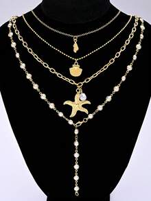 4pcs Minimalist Fashion Elegant Luxurious Sexy Y2K Style Faux Pearl Faux Shell Starfish Conch Marine Life Y-Shaped Necklace Set For Women, Suitable For Vacation, Party, Date, Beach, Daily Wear, Banquet, Versatile Combination, Gift For Mother, Sister, Friend, Holiday - Golden - View 6