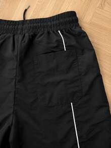 Women's Black Printed Colorblock Trim Wide Leg Casual Pants, Elastic Waist Drawstring Hem, Daily Street Style - Black - View 5