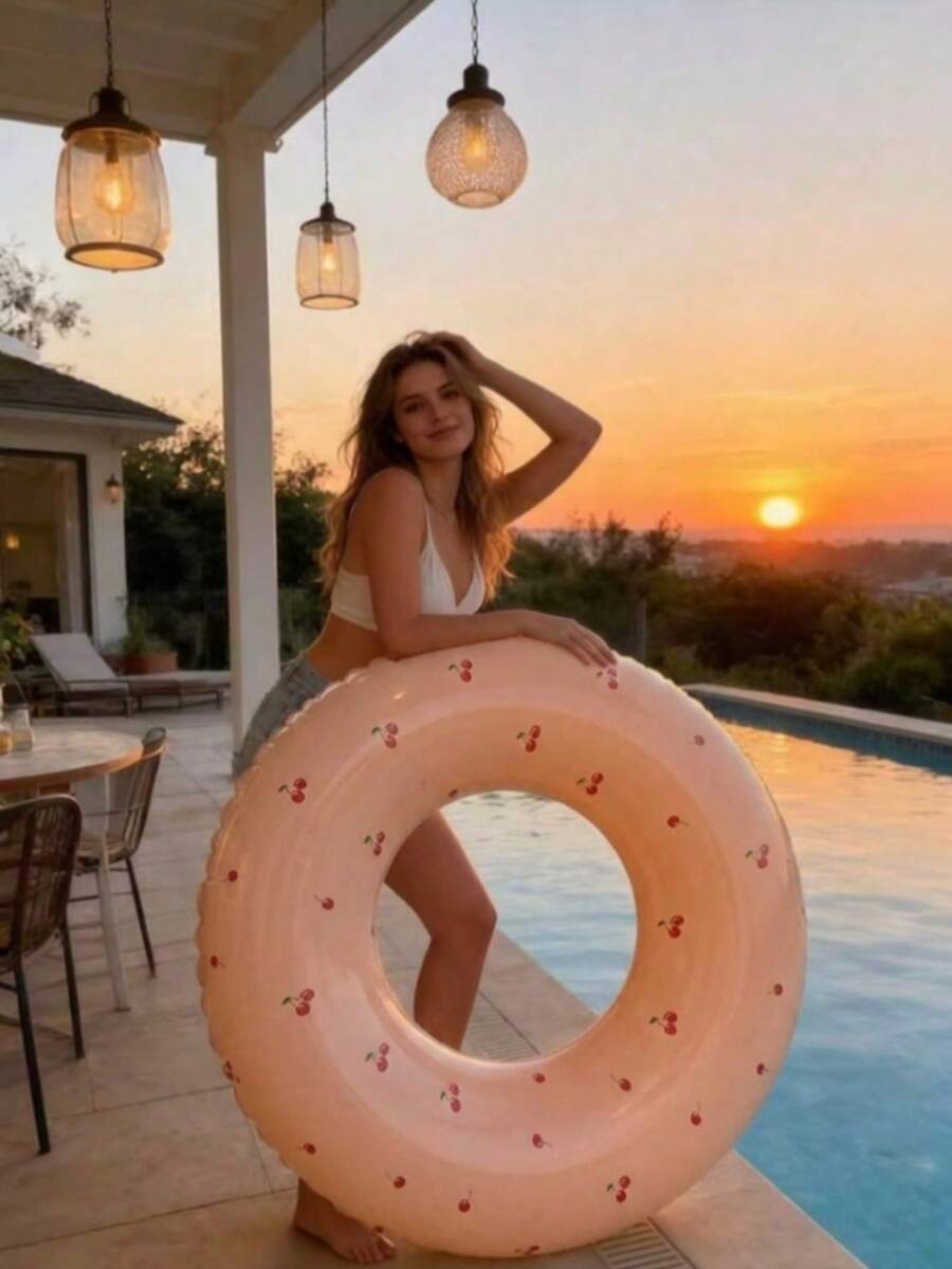 1Pc Summer Vacation Style Cherry Print Swimming Ring Thickened Leak-Proof Beach Pool Floating Ring - Multicolor - View 1