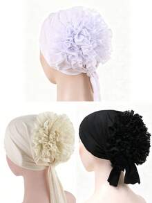 3件組蕾絲花卉刺繡夏季頭巾，圓頂時尚百搭頭巾 - 1頂白色+1米色+1頂黑色 - 查看 2
