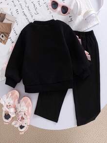 Young Girl Ribbon Bow Decor Round Neck Long Sleeve Top And Pants - Black - View 2