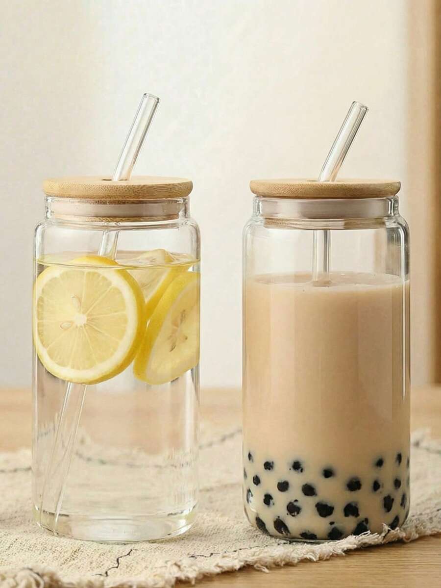 Haus Hana 1pc 400ml/550ml简约透明圆柱大容量吸管玻璃带盖酒店餐厅柠檬水奶茶可乐饮料杯办公室家居日常生活多用途饮水杯