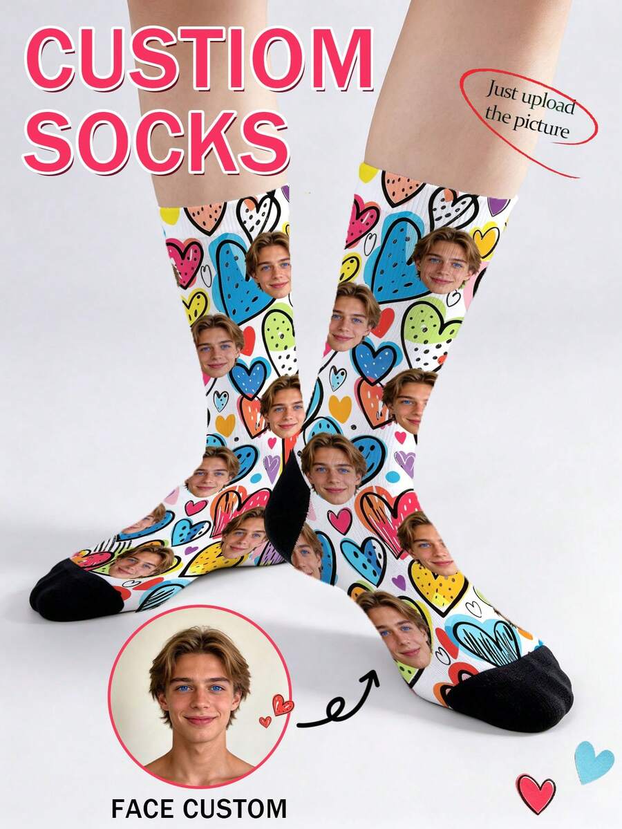 1 Pair Customized Socks, Colorful Graffiti Heart Pattern Mid-Calf Socks, Personalized Fun Photo Socks, Unisex Casual Valentine's Day Gift Socks