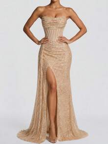 Fashionable Sexy Backless Strapless Sequin High Waist Ruched Tie-Up Back High Slit Fitted Maxi Dress Champagne Summer Evening Gown - Champagne - View 8