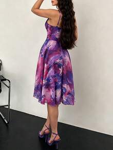 ChicMe Women's Ombre Print Ruched A-Line Sleeveless Midi Dress, Back Zipper Design, Casual Elegant, Suitable For Daily And Vacation Wear - Purple - View 3
