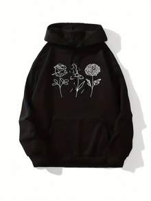 New Autumn Women's Hooded Sweatshirt,Letter Printing,Soft Blended Fabric,Adjustable Drawstring Cap,Front Pocket Design,Machine Washable. - 黑色 - 查看 2