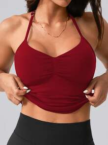NcmRyu 1pc Women Halter Neck Elastic Ribbed Ruched Sports Camisole - Red - View 6