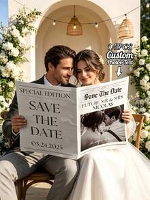 1/2pcs Customized Wedding Newspaper Poster, Personalized Photo & Text, Save The Date Announcement, Engagement Bride Shower Decoration, Wedding & Special Occasions - Multicolor - View 11