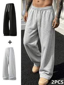 2pcs Men's Loose Wide Leg Sweatpants, Solid Color Versatile Drawstring Straight Leg Casual Sports Pants, Daily Commute Versatile Style - Multicolor - View 2
