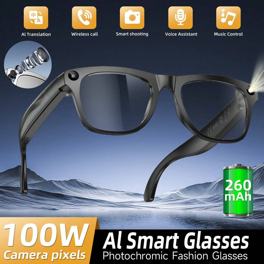2026 New Unisex Smart Glasses, 100W Camera, Clear Image Without Shake, 260mAh Large Capacity Battery, With Flashlight Can Be Used As Flashlight, Camera Battery Life Up To 100 Minutes