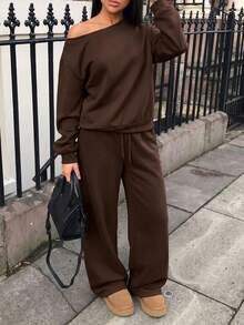 GLOpass Autumn/Winter Casual Solid Color Off-Shoulder Loose Sweatshirt & Sweatpants Versatile Daily Wear Women's 2-Piece Set - Brown - View 1