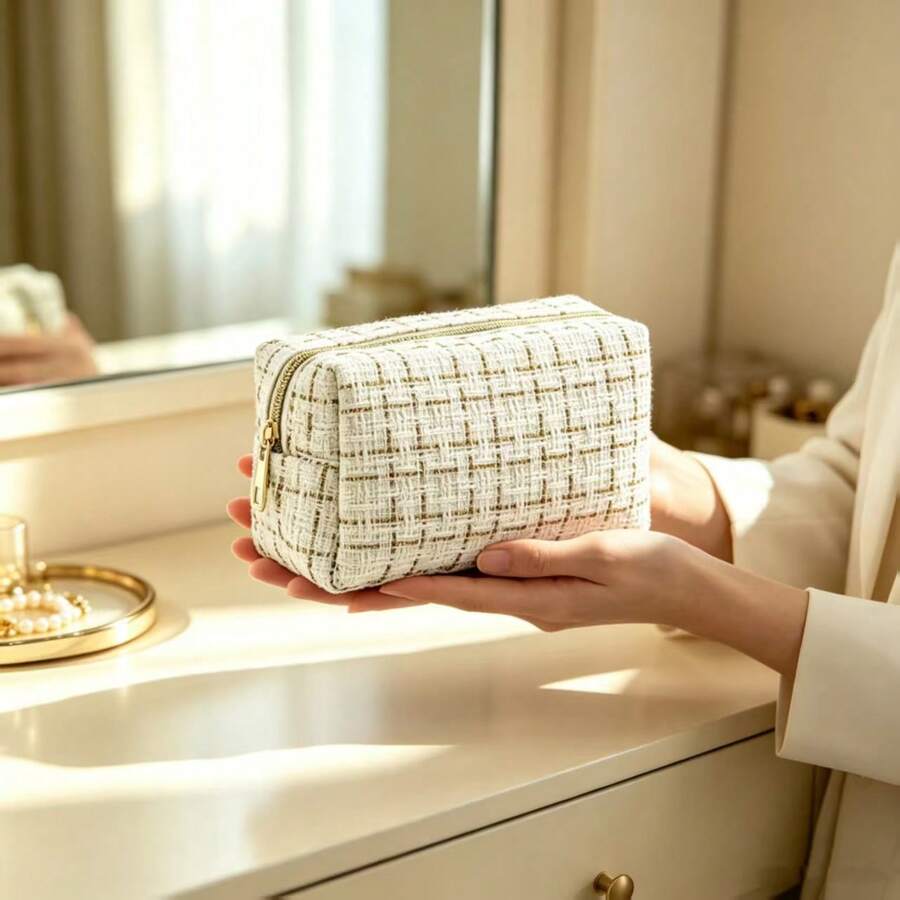1pc Large Capacity Plaid Handheld Woven Makeup Bag, Large Capacity Portable Toiletry Storage Bag, Makeup Box, Travel Bag - Multicolor - View 1