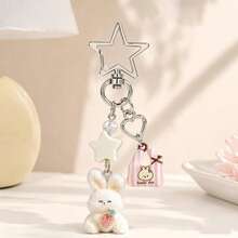 1pc Unisex Cartoon Flocked Rabbit & Bear Keychain, Cute Heart Mushroom Pendant Accessory Bag Charm - Multicolor - View 1