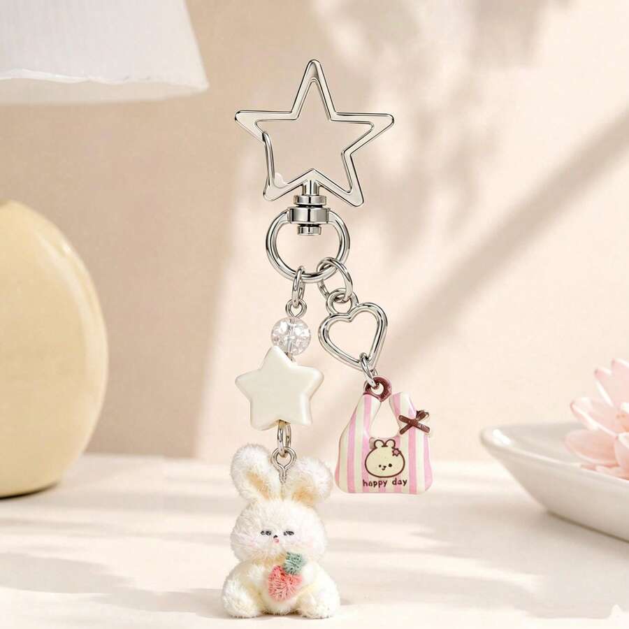 1pc Unisex Cartoon Flocked Rabbit & Bear Keychain, Cute Heart Mushroom Pendant Accessory Bag Charm - Multicolor - View 1