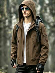 Men's Vintage Drawstring Adjustable Hood Large Capacity Pocket Outdoor Tactical Hiking Jacket - Brown - View 4