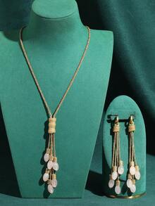 Vintage Copper Plated 18K Gold Bohemian Teardrop Pink Faux Crystal Turquoise Blue Pendant Rope Chain Necklace & Earrings Jewelry Set - Bronze - View 7
