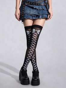 1 Pair Halloween Gothic Lolita Style Over-The-Knee Socks, Faux Lace-Up Bow Print, Suitable For Cosplay - Black - View 5