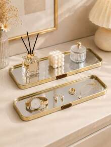 1 pieza Bandeja de tocador de vidrio espejado dorado de lujo nórdico con detalle HOME, organizador decorativo para perfume, cosméticos, cuidado de la piel & joyería, adecuado para baño, dormitorio & decoración de tocador - rectángulo - Ver 3