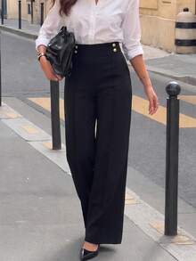 Women's Fashion Vintage Button Pocket Straight Leg Pants, Business Office - Black - View 2