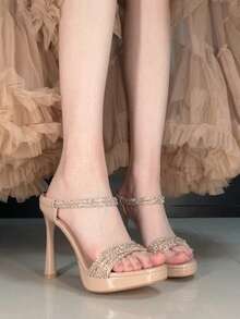 2026 New Gold Rhinestone Braided Shiny High Heel Sandals, Thin Strap Square Toe Open Toe High Heel Wedding Party Height-Increasing Women's Shoes - Gold - View 5