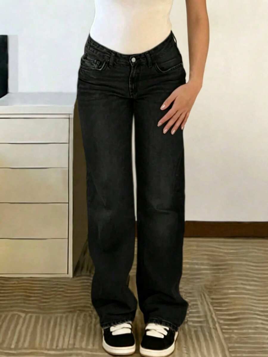 Jeans de pierna recta de mezclilla gris para adolescentes - Negro - Ver 1