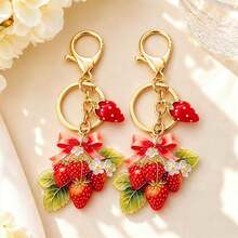 1pc/2pcs Women's Pastoral Strawberry Bow Flower Double-Sided Embossed Acrylic Pendant, Realistic 3D Strawberry Accessory Keychain, Creative Versatile Bag Charm - Multicolor - View 5