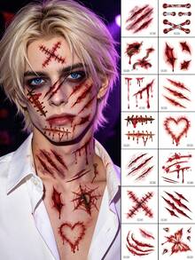 20pcs Halloween 3D Realistic Scar Temporary Tattoo Stickers, Horror Bloody Wound Zombie Tattoos, Suitable For Adult Body And Face, Costume Party Prank Makeup, Cosplay, Costume Party - Red - View 4