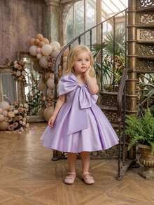 Baby Girls Asymmetric Neck Bow Purple Satin Cute Birthday Party Dress Suitable For Wedding Vacation, Headband Not Included - Mauve Purple - View 5