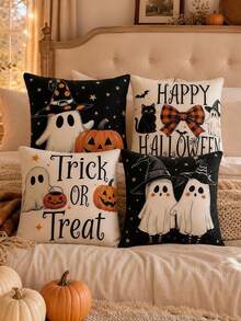 4pcs Halloween Pillow Covers, Ghost Pumpkin Black Cat Home Decor, Vintage Sofa Cushion Covers, Autumn Halloween Decoration - Black - View 4