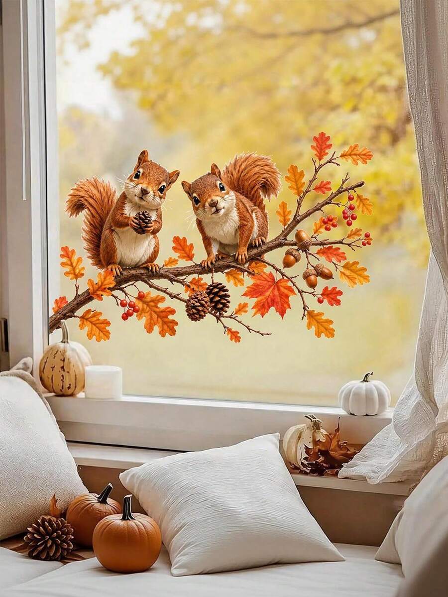1pc Maple Branches, Squirrels, Pine Cones Window Stickers - Self-Adhesive Stickers, Autumn Decoration, Halloween Decoration, Suitable For Autumn Thanksgiving Decor, Halloween Decor Home Decor - Orange - View 1