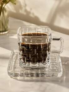Square Textured Glass Coffee Cup & Saucer Set, Thick Transparent Espresso Cup With Handle, Woven Or Diamond Pattern, Dishwasher , Suitable For Coffee, Latte, Tea, Breakfast, Home & Office - Multicolor - View 3