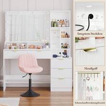 Devoko Modern Vanity Table With Mirror, LED Lighting With 3 Color Modes, 5 Drawers, Open Shelves, Jewelry Hooks And Integrated Power Outlet, Dressing Table For Bedroom, White - 查看 4