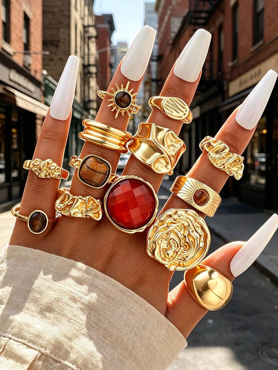 13/6pcs Vintage Casual Asymmetrical Sunflower Tiger Eye Stone Gold Alloy Rings For Women, Suitable For Daily Wear, Commute, Beach, Vacation, Party And Gift - Gold - View 1