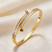 1pc Minimalist Luxury Gold-Plated Stainless Steel Bracelet, Double Row Square Rhinestone Buckle Decor, Fade-Resistant Women's Bracelet, Suitable For Daily Wear And Holiday Gift - Gold - View 1
