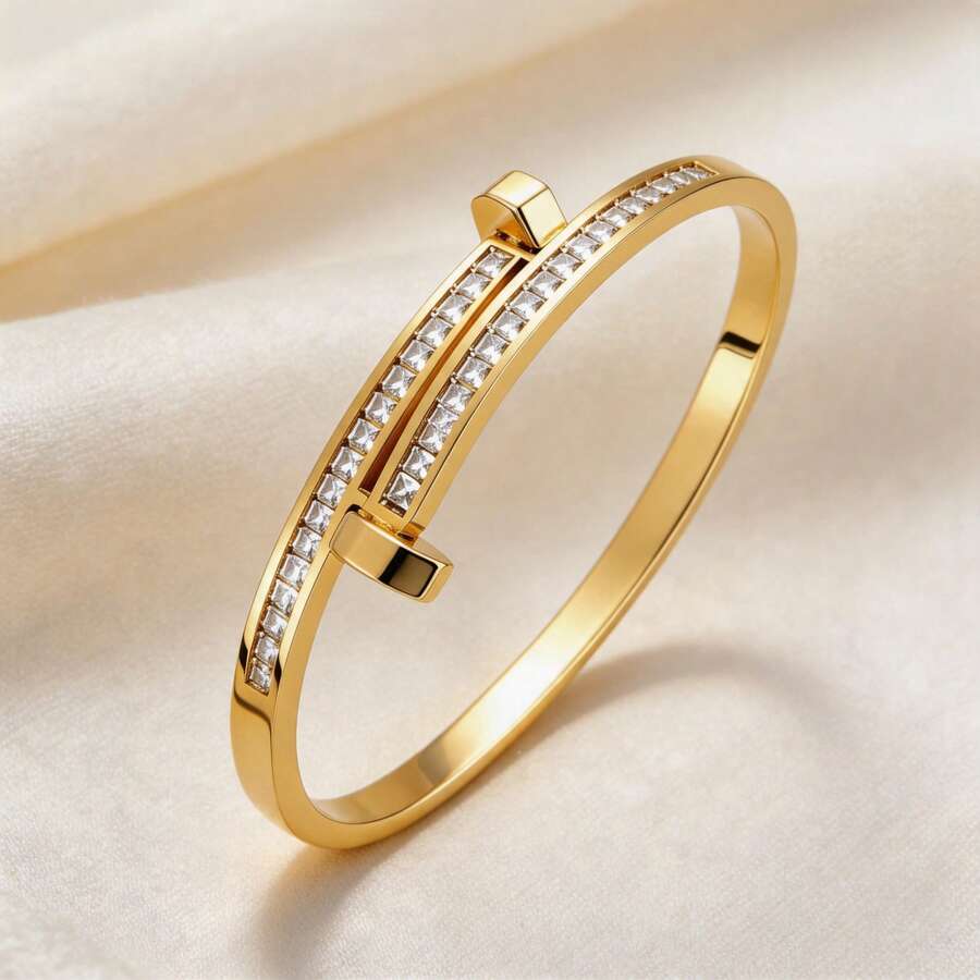 1pc Minimalist Luxury Gold-Plated Stainless Steel Bracelet, Double Row Square Rhinestone Buckle Decor, Fade-Resistant Women's Bracelet, Suitable For Daily Wear And Holiday Gift - Gold - View 1